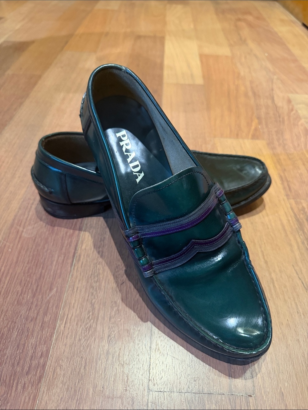 Prada Green Leather Slip-On Loafers with brown Trim